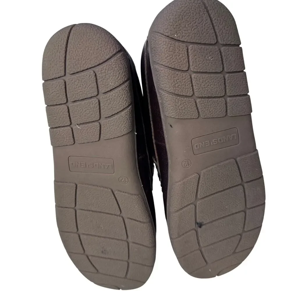 Flannel Lined Leather Moccasin House Shoes Lands End Men's Size 12D Brown Plaid